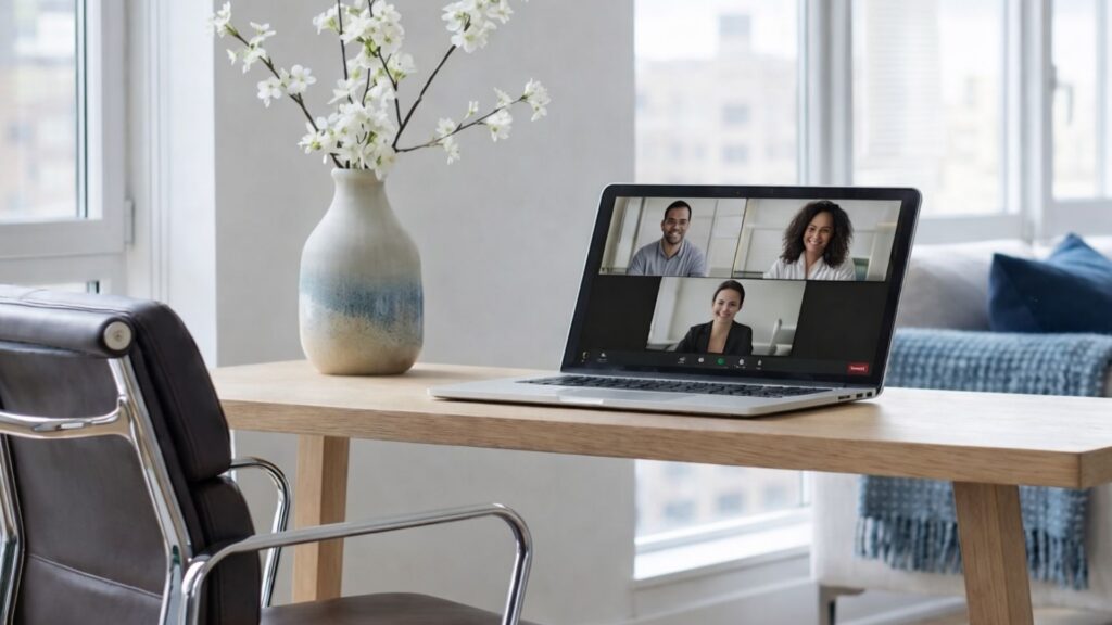 Laptop on a wooden desk showing a three-way professional video call for an online mediation session.