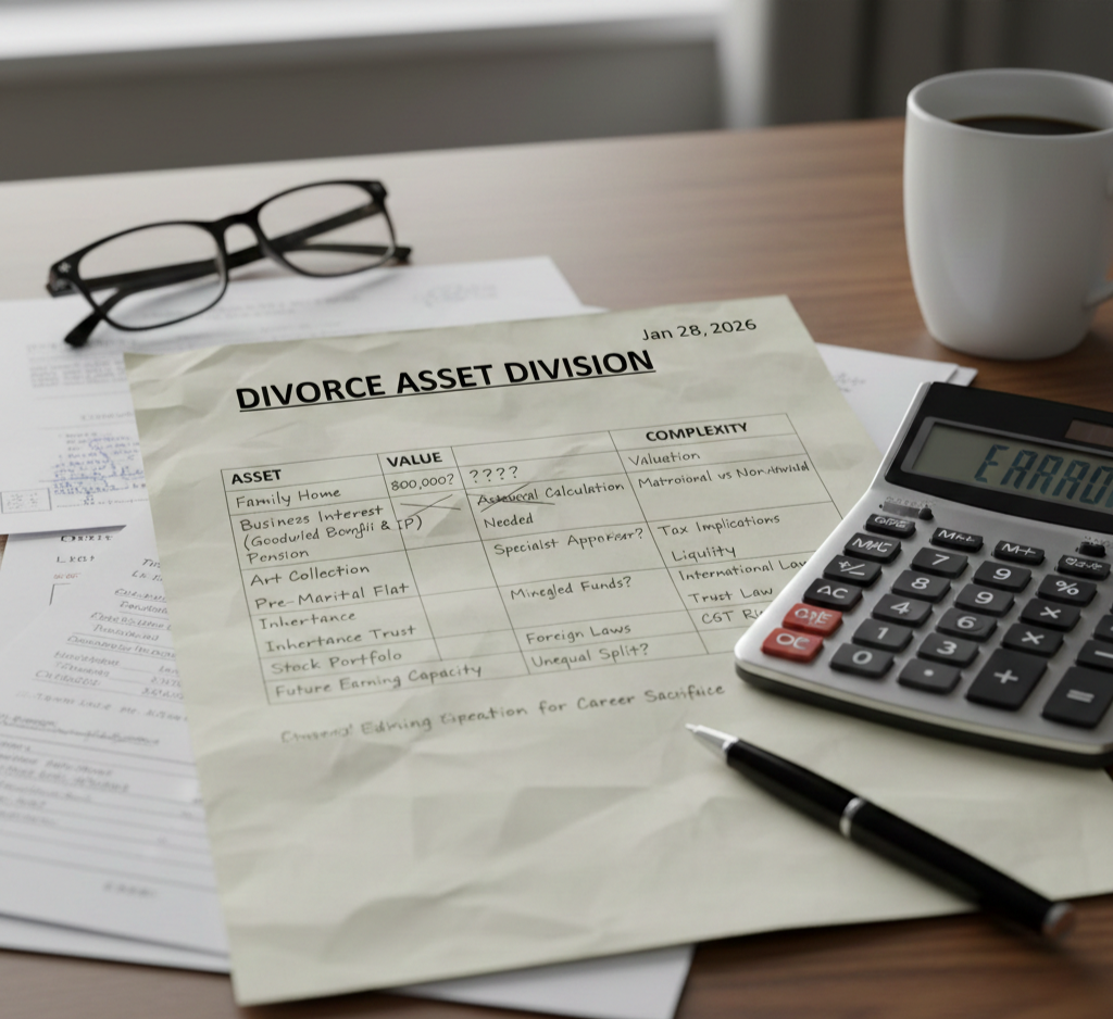 Divorce Asset Division document on a desk with glasses, a pen, and a calculator showing an error message.