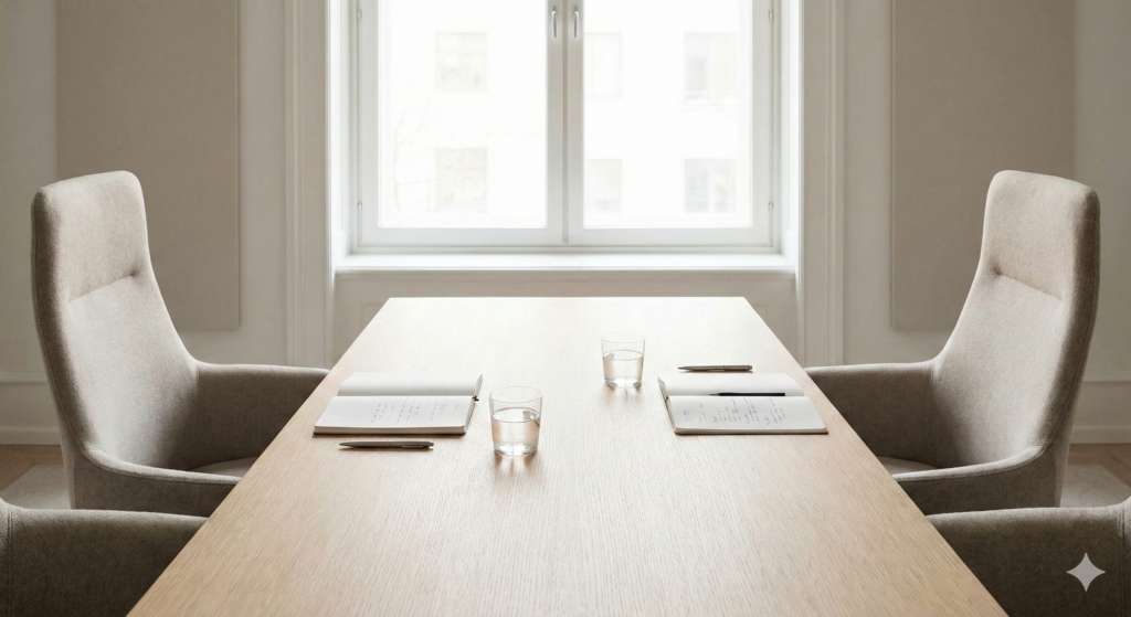 Two empty chairs facing each other across a desk with notebooks and water, set for a mediation session.