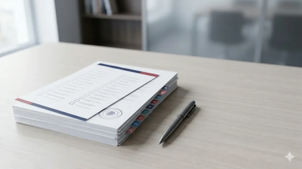 A tidy stack of professional legal documents with an A-Z index and a checklist on a clean wooden desk.