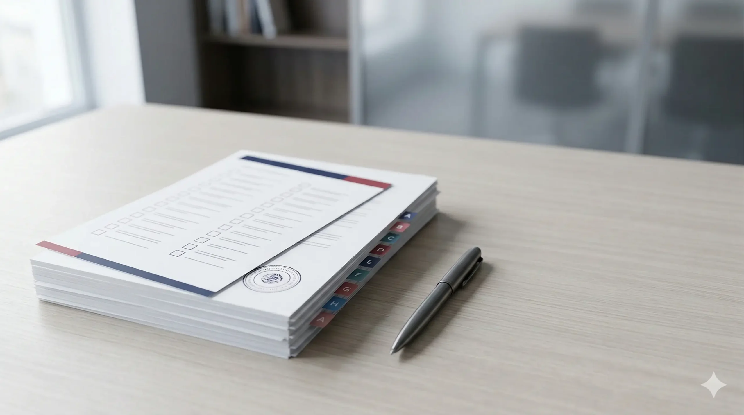 A tidy stack of professional legal documents with an A-Z index and a checklist on a clean wooden desk.