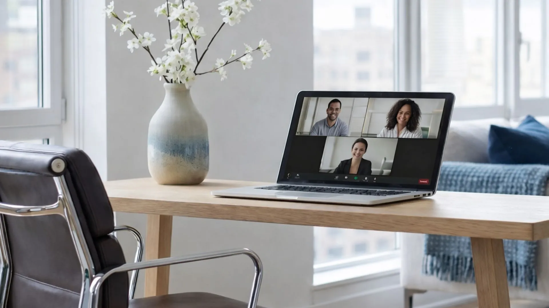Laptop on a wooden desk showing a three-way professional video call for an online mediation session.