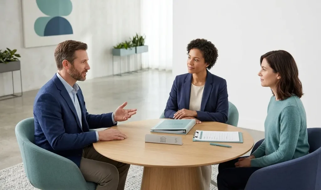 A professional female family mediator sits at a round wooden table between a man and a woman in a bright, modern office. They are engaged in a calm, structured conversation with organized paperwork and a checklist on the table. The room is minimalist with soft navy and teal accents.