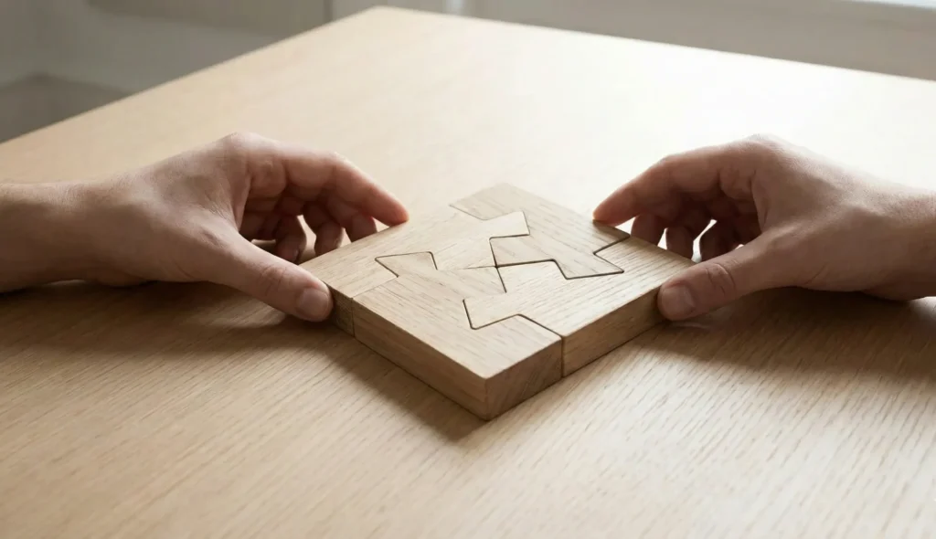 Two pairs of hands joining interlocking wooden puzzle pieces together on a light wooden table.