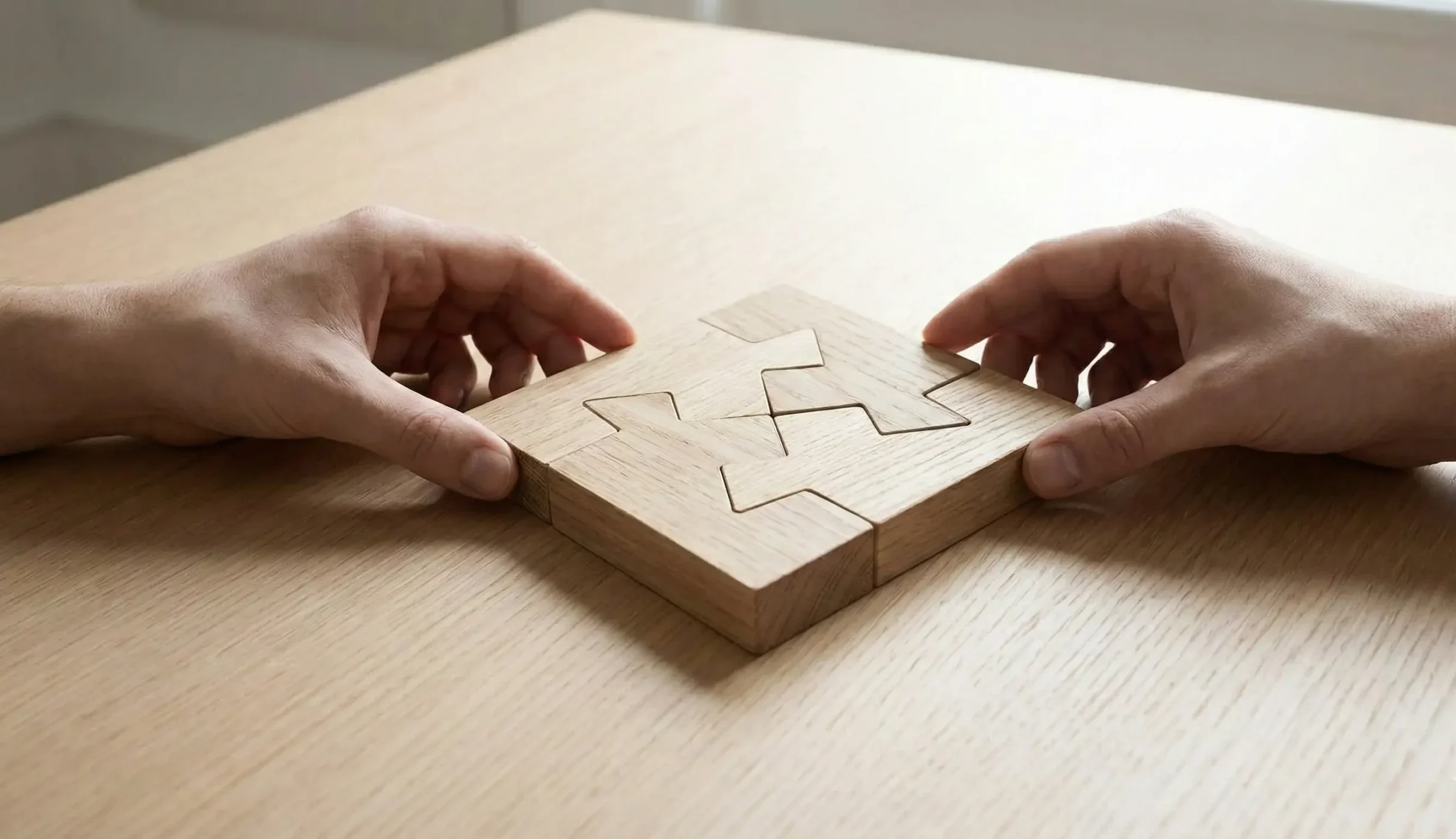 Two pairs of hands joining interlocking wooden puzzle pieces together on a light wooden table.