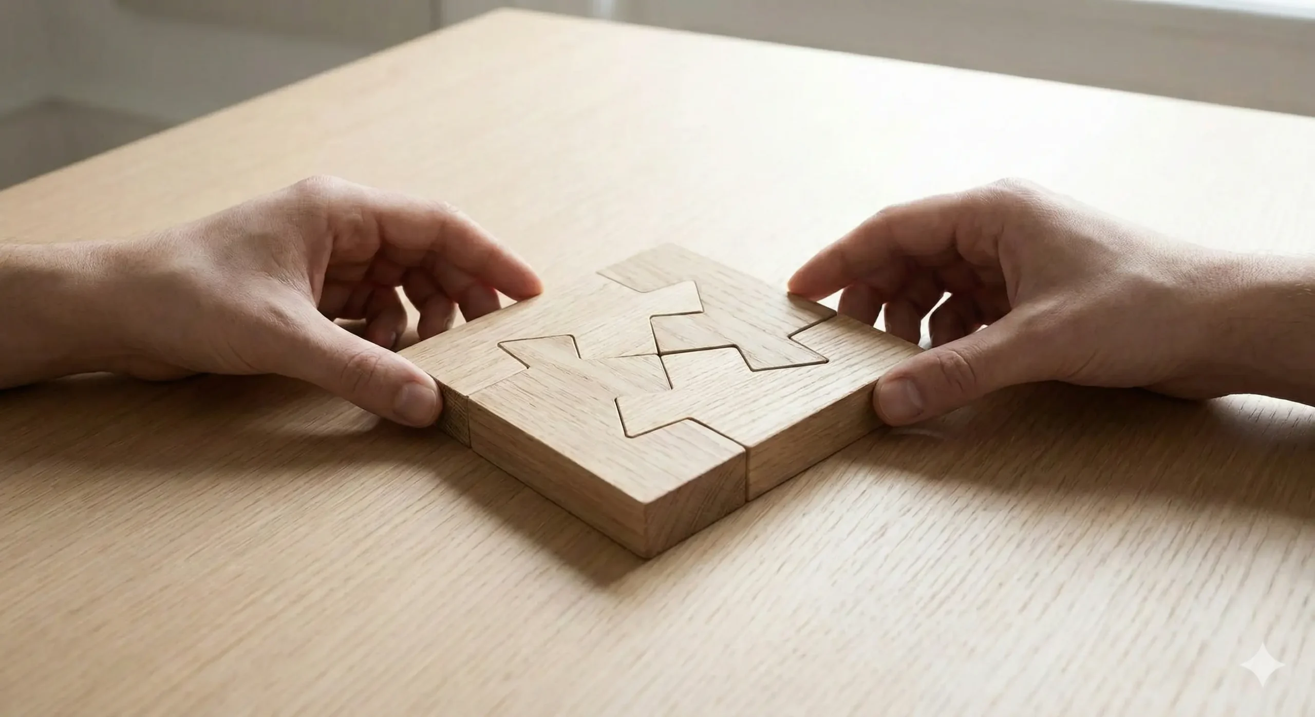 Two pairs of hands joining interlocking wooden puzzle pieces together on a light wooden table.