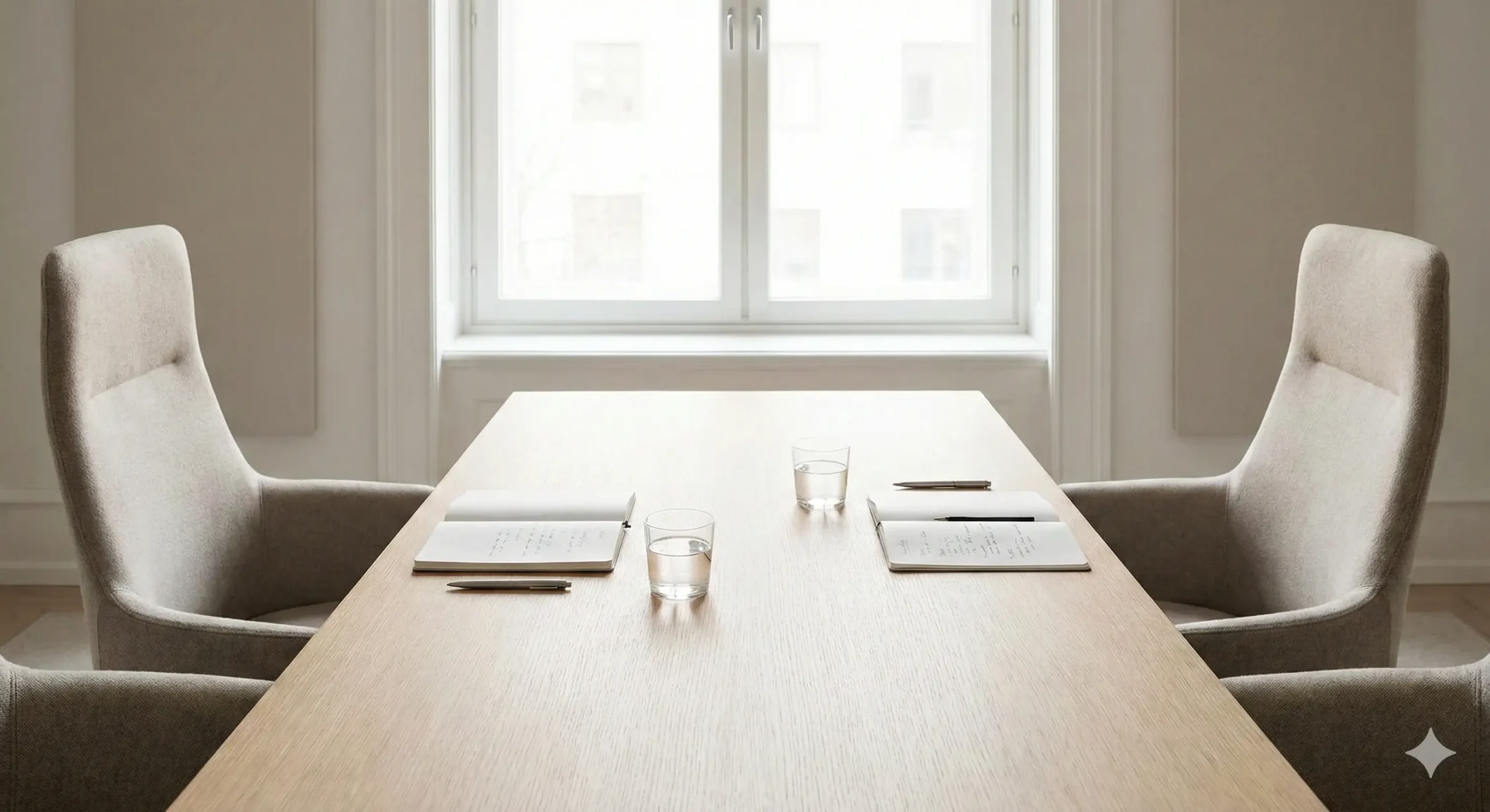Two empty chairs facing each other across a desk with notebooks and water, set for a mediation session.